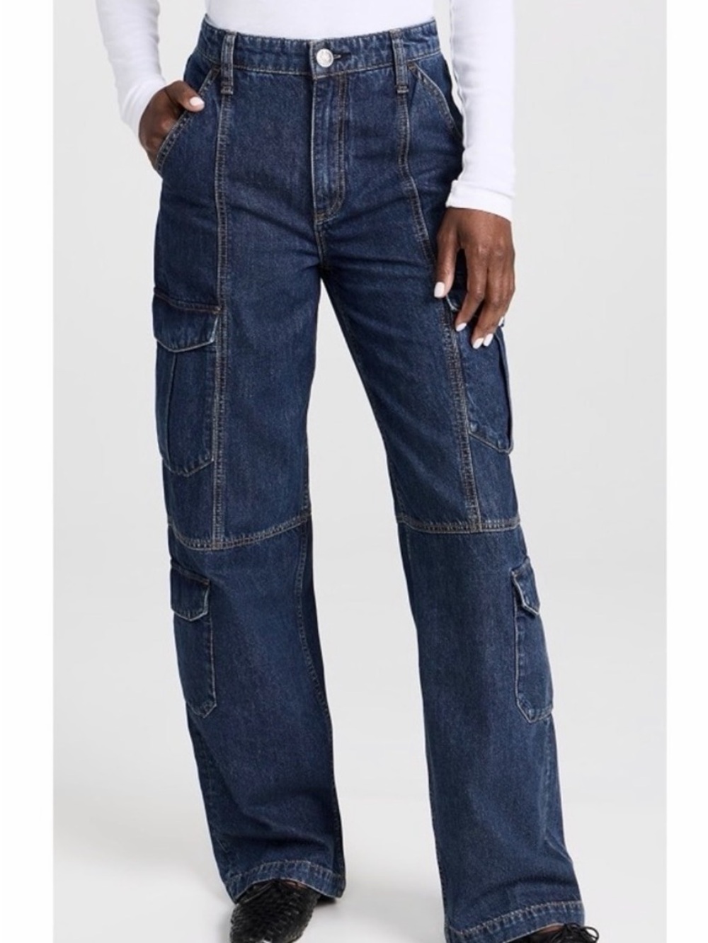 Rag Bone Cailyn Cargo Mid Rise Wide Leg Jeans Size 29 Ari Indigo Rigid Denim